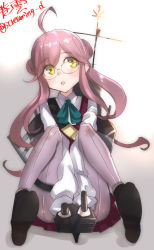 Rule 34 | 10s, 1girl, ahoge, bad id, bad pixiv id, double bun, glasses, highres, kantai collection, kyuuso inukami, long hair, machinery, makigumo (kancolle), open mouth, pantyhose, pink hair, sitting, sleeves past wrists, solo, turret, yellow eyes