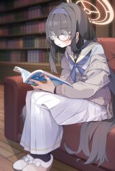 Rule 34 | 1girl, bags under eyes, black hair, blue archive, blue eyes, blue hairband, blue neckerchief, blush, book, bookshelf, cardigan, commentary request, couch, flying sweatdrops, glasses, hairband, halo, highres, holding, holding book, indoors, jewelry, koyansuee, long hair, long sleeves, looking at viewer, neckerchief, necklace, off shoulder, open book, parted lips, reading, round eyewear, sailor collar, school uniform, serafuku, sitting, skirt, slippers, solo, sweat, ui (blue archive), very long hair, white sailor collar, white skirt