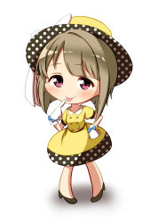 Rule 34 | 1girl, :p, artist name, artist request, bare legs, black footwear, black high heels, blush, bow, bow gloves, breasts, brown hair, buttons, chibi, collarbone, collared shirt, even p, female focus, full body, gloves, grey hair, hand on own hip, hat, hat bow, high heels, highres, light brown hair, looking at viewer, love live!, love live! nijigasaki high school idol club, love live! school idol festival, nakasu kasumi, parted lips, polka dot, polka dot headwear, polka dot skirt, poppin&#039; up (love live!), puffy short sleeves, puffy sleeves, purple eyes, red eyes, shirt, short hair, short sleeves, skirt, small breasts, smile, solo, tongue, tongue out, white background, white bow, white gloves, yellow hat, yellow shirt, yellow skirt