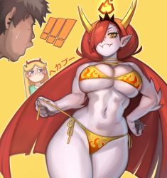 Rule 34 | !, !!, 1boy, 2girls, absurdres, aged up, aqua dress, bikini, blue eyes, blush, breasts, character name, cleavage, colored sclera, colored skin, curvy, demon girl, demon horns, dress, dutch angle, ear piercing, facial hair, facial mark, fake horns, fangs, fangs out, fire, fire, flame print, green dress, grey skin, hair over one eye, hairband, hand on own hip, heart cheeks, hekapoo, highres, horned hairband, horned headwear, horns, jealous, kelvin hiu, large breasts, long hair, looking at another, marco diaz, midriff, mole, mole under eye, multiple girls, navel, orange eyes, outline, piercing, pointy ears, side-tie bikini bottom, simple background, star butterfly, star vs the forces of evil, stubble, sweatdrop, swimsuit, tiara, toon (style), translated, underboob, untying, very long hair, white skin, yellow background, yellow sclera