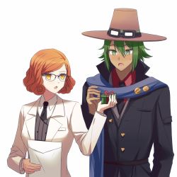 Rule 34 | 1boy, 1girl, aged up, black coat, black neckwear, blue scarf, box, brown headwear, coat, commentary request, danganronpa another, gift, gift box, glasses, green eyes, green hair, grey background, hat, highres, holding, holding box, jacket, lab coat, long sleeves, looking at another, mekaru rei, necktie, open mouth, otori teruya, paper, ppakunak, scarf, short hair, simple background, super danganronpa another 2, upper body, white coat