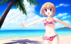 Rule 34 | 1girl, bad id, bad pixiv id, beach, bikini, blonde hair, blush, breasts, brown hair, cleavage, cloud, day, female focus, floral print, frilled bikini, frills, happy, nature, navel, open mouth, original, outdoors, outstretched arms, palm tree, pink bikini, purple eyes, shadow, short hair, side-tie bikini bottom, sky, small breasts, smile, solo, spread arms, swimsuit, tree, wallpaper, water, yamakaze, yamakaze ran