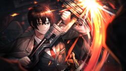 Rule 34 | 1boy, 2others, bags under eyes, black eyes, black hair, black jacket, black vest, closed mouth, collared shirt, game cg, hair between eyes, highres, holding, holding weapon, jacket, lapels, limbus company, long sleeves, male focus, multiple others, nai ga, necktie, notched lapels, official art, open clothes, open jacket, project moon, red necktie, shirt, short hair, sidelocks, solo focus, vest, weapon, white shirt, wing collar, yi sang (project moon)