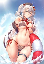 Rule 34 | 1girl, bad id, bad pixiv id, beret, bikini, blue eyes, blue sky, blush, breasts, cameltoe, cleavage, day, front-tie bikini top, front-tie top, gluteal fold, grin, groin, hat, highres, holding, jacket, kantai collection, kashima (kancolle), kerchief, ksb (ugheaven), large breasts, lifebuoy, long hair, looking at viewer, navel, off shoulder, outdoors, parted lips, red neckwear, shiny skin, side-tie bikini bottom, sidelocks, silver hair, skindentation, sky, smile, solo, stomach, sunlight, swim ring, swimsuit, thigh strap, tsurime, twintails, wading, watch, wavy hair, wet, wet clothes, wristwatch