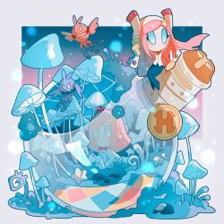 Rule 34 | absurdres, blue eyes, blue skirt, blush, bow, bowtie, doomer (kirby), dress, flask, floating hair, flying, giant mushroom, glef life, gloves, gradient sky, hair bow, highres, in flask, kirby: planet robobot, kirby (series), light particles, long hair, long skirt, looking to the side, mold, mushroom, night, night sky, nintendo, no humans, parted bangs, pencil skirt, pink hair, red bow, red bowtie, rock, sidelocks, simple background, sitting, skirt, sky, sphere doomer, star (symbol), susie (kirby), swept bangs, torn clothes, torn dress, white background, white dress, white gloves, wrist cuffs, yellow gloves