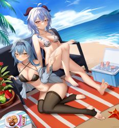 Rule 34 | 2girls, absurdres, bare shoulders, barefoot, beach, bikini, bikini top only, black thighhighs, blue hair, blue hairband, blue nails, blue shirt, blue sky, bottomless, breasts, cleavage, commentary request, cookie, cooler, criss-cross halter, day, doughnut, dutch angle, eula (genshin impact), food, fruit, ganyu (genshin impact), genshin impact, hairband, halterneck, hand up, highres, horns, knee up, large breasts, long hair, looking at viewer, luoloo, medium breasts, medium hair, multiple girls, nail polish, navel, ocean, off shoulder, open clothes, open shirt, outdoors, parted lips, purple eyes, shirt, sky, smile, stomach, swimsuit, thighhighs, toeless legwear, toenail polish, toenails, w, water, watermelon, watermelon slice, yellow eyes