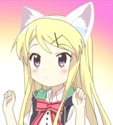Rule 34 | 10s, 1girl, :&lt;, animal ears, animated, animated gif, blinking, blonde hair, blush, bow, bowtie, buttons, cat ears, clenched hands, drawstring, dress shirt, fake animal ears, fake ears, flat chest, gradient background, hair ornament, hairband, hairclip, hood, hood down, hoodie, jacket, kemonomimi mode, kin-iro mosaic, kujou karen, long hair, open clothes, open hoodie, paw pose, plaid, purple eyes, shirt, short sleeves, sidelocks, solo, swept bangs, upper body, x hair ornament