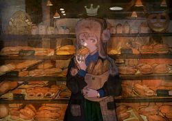 Rule 34 | 1girl, absurdres, bag, baguette, bakery, black jacket, blonde hair, blue eyes, blue shirt, bread, brown headwear, buchi (qooo003), commentary request, eating, food, green skirt, highres, holding, holding food, hugging object, jacket, jewelry, long sleeves, looking at viewer, nail polish, open clothes, open jacket, original, outdoors, paper bag, pleated skirt, red nails, ring, shirt, shop, skirt, solo focus, storefront