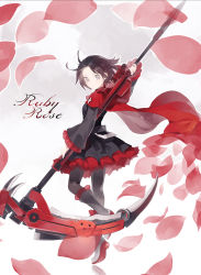 Rule 34 | 1girl, black hair, black pantyhose, cape, character name, highres, pantyhose, petals, red cape, rose petals, ruby rose, rwby, scythe, shihou (g-o-s), short hair, skirt, solo