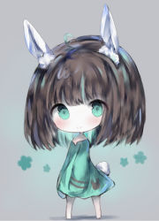 Rule 34 | 1girl, ahoge, animal ears, bad id, bad pixiv id, bare shoulders, barefoot, blush, brown hair, closed mouth, commentary request, copyright request, cottontailtokki, dress, full body, green dress, green eyes, green hair, grey background, hair between eyes, long hair, long sleeves, multicolored hair, rabbit ears, rabbit girl, rabbit tail, sleeves past fingers, sleeves past wrists, smile, solo, standing, tail, two-tone hair