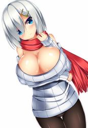 Rule 34 | 10s, 1girl, blue eyes, breast hold, breasts, bursting breasts, cleavage, hair ornament, hair over one eye, hairclip, hamakaze (kancolle), huge breasts, kantai collection, looking at viewer, pantyhose, scarf, short hair, solo, sweater, thigh gap, thighs, white background, white hair, yahiro (anhnw)