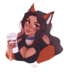 Rule 34 | 1girl, animal ear fluff, animal ears, artist name, bare shoulders, black hair, blue collar, borrowed character, breasts, brown hair, character name, cleavage cutout, clothing cutout, collar, commentary, cropped torso, cup, disposable cup, english commentary, fingernails, fox ears, head tilt, highres, large breasts, lips, long fingernails, long hair, looking at viewer, mole, mole under eye, nail polish, original, personal ami, puffy sleeves, shoulder cutout, simple background, smile, solo, upper body, white background, white nails