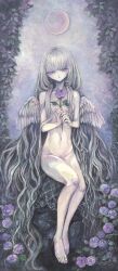 Rule 34 | 1girl, acrylic paint (medium), barefoot, commentary, commission, completely nude, feathered wings, flat chest, flower, full body, full moon, grey hair, highres, holding, holding flower, long hair, looking at viewer, moon, nude, original, painting (medium), pale skin, purple eyes, purple flower, purple rose, rose, sitting, skeb commission, solo, sumire shisei, traditional media, very long hair, wavy hair, white wings, wings