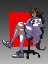 Rule 34 | 1girl, 4me 4ma, absurdres, agnes tachyon (umamusume), ahoge, animal ears, bow, brown hair, chair, closed mouth, coat, commentary request, crossed legs, earrings, gradient background, hair between eyes, highres, horse ears, horse girl, horse tail, jewelry, lab coat, looking at viewer, messy hair, office chair, on chair, open clothes, open coat, pleated skirt, purple bow, purple shirt, red background, red eyes, sailor collar, school uniform, shirt, shoes, short hair, single earring, sitting, skirt, sleeves past fingers, sleeves past wrists, smile, sneakers, socks, solo, summer uniform, swivel chair, tail, tracen school uniform, umamusume, very long sleeves, white coat, white skirt, white socks