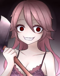 Rule 34 | 1girl, axe, bra, breasts, brown eyes, brown hair, commentary request, crazy eyes, crazy smile, gasai yuno, hair between eyes, highres, holding, holding axe, lace, lace-trimmed bra, lace trim, large breasts, long hair, looking at viewer, neit ni sei, original, sharp teeth, smile, solo, teeth, underwear, weapon, yandere