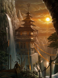 Rule 34 | 1boy, architecture, baggy pants, banner, bird, castle, cloud, east asian architecture, flag, high ponytail, lake, male focus, mountain, noba, outdoors, pagoda, pants, pixiv fantasia, pixiv fantasia new world, scenery, solo, staff, sun, sunset, tree, water, waterfall