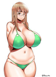 Rule 34 | 1girl, :&lt;, arms behind back, bare shoulders, belly, bikini, blaccura, breasts, brown eyes, brown hair, cleavage, curvy, eyebrows, glasses, green bikini, highres, huge breasts, long hair, navel, original, plump, pout, shadow, simple background, skindentation, solo, strap gap, swimsuit, thick eyebrows, thick thighs, thighs, twitter username, white background, wide hips