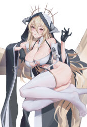 Rule 34 | 1girl, azur lane, black gloves, blonde hair, breast cutout, breasts, covered navel, cross, fake horns, gloves, guihuo inferno, habit, hair between eyes, half gloves, highres, horns, implacable (azur lane), large breasts, long bangs, long hair, looking at viewer, nun, pelvic curtain, revealing clothes, shirt slip, sitting, solo, thighhighs, thighs, two-tone dress, veil, very long hair, white horns, white thighhighs