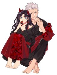 Rule 34 | 1boy, 1girl, archer (fate), barefoot, black hair, black pants, black shirt, blue eyes, bow, breasts, brown eyes, cleavage, collarbone, collared shirt, couple, eating, fate/stay night, fate (series), floral print, hair bow, hetero, highres, long hair, long skirt, long sleeves, medium breasts, pants, print skirt, red bow, red skirt, shimatori (sanyyyy), shirt, silver hair, simple background, skirt, soles, spiked hair, tohsaka rin, twintails, white background, wing collar