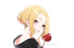 Rule 34 | 1girl, blonde hair, eyes visible through hair, food, holding, holding food, kitagawa marin, looking at viewer, looking back, red eyes, short hair, simple background, smile, solo, sono bisque doll wa koi wo suru, tofuubear, upper body, white background
