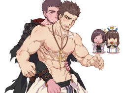 Rule 34 | 2boys, 2girls, abs, arm belt, avenger (dungeon and fighter), bara, beard, behind another, blush, breath, brown hair, character request, check character, chibi, chibi inset, covering own mouth, cross, cross necklace, dungeon and fighter, facial hair, feet out of frame, fujoshi, grabbing, grabbing from behind, hand on another&#039;s waist, highres, hood, hood down, jewelry, kulolin, large pectorals, male focus, male priest (dungeon and fighter), mature male, multiple boys, multiple girls, muscular, muscular male, navel, necklace, nipples, pectorals, priest, priest (dungeon and fighter), red eyes, saint (dungeon and fighter), seductive smile, short hair, shy, sideburns, smile, standing, stomach, stubble, textless version, thick eyebrows, undressing another, yaoi