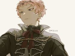Rule 34 | 1boy, black jacket, bow, cape, cross, ensemble stars!, grey background, highres, itsuki shu, jacket, long sleeves, looking at another, male focus, nocturne (ensemble stars!), official alternate costume, parted lips, pink hair, purple eyes, red bow, short bangs, short hair, solo, twitter username, white cape, yonumo