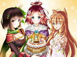 Rule 34 | 3girls, ;d, ahoge, animal ears, bell, neck bell, blue eyes, bow, breasts, brown hair, cake, candle, choker, cleavage, copyright name, dress, enokorogusa (flower knight girl), flower, flower knight girl, food, green scarf, hair bow, hair flower, hair ornament, jewelry, leaf hair ornament, long hair, looking at viewer, magatama, medium breasts, momiji (flower knight girl), multiple girls, nadeshiko (flower knight girl), necklace, one eye closed, open mouth, outstretched hand, pink bow, ponytail, red eyes, scarf, short hair, small breasts, smile, standing, upper body, white dress, x hair ornament, yoruka (yukiyukimasamasa)