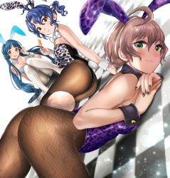 Rule 34 | 3girls, absurdres, ahoge, animal ears, animal print, antenna hair, ass, bad id, bad pixiv id, bare shoulders, blue hair, bow, bowtie, brown hair, checkered floor, commentary request, detached collar, dutch angle, fake animal ears, fake tail, fishnet legwear, fishnets, green eyes, hanamasa ono, highres, idolmaster, idolmaster million live!, idolmaster million live! theater days, kitakami reika, leopard print, leotard, long hair, looking at viewer, low twintails, multiple girls, nail polish, pantyhose, playboy bunny, print leotard, rabbit ears, rabbit tail, sakuramori kaori, short hair, strapless, strapless leotard, tail, top-down bottom-up, toyokawa fuka, twintails, very long hair, wrist cuffs, yellow eyes