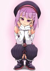 Rule 34 | 1girl, bare shoulders, black headwear, blush, breasts, cameltoe, detached collar, detached sleeves, dress, fate/grand order, fate (series), flat chest, head tilt, helena blavatsky (fate), highres, imagawa akira, light smile, looking at viewer, parted bangs, purple eyes, purple hair, seductive smile, small breasts, smile, solo, squatting, strapless, strapless dress, thighhighs