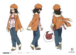 Rule 34 | 1girl, bakemonogatari, blouse, character sheet, from side, full body, highres, monogatari (series), multiple views, official art, own hands clasped, own hands together, pink shirt, production art, production note, scan, sengoku nadeko, shirt, simple background, turnaround, white background, zip available