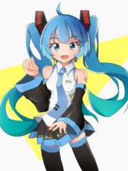 Rule 34 | 1girl, :d, ahoge, bare shoulders, black skirt, black sleeves, black thighhighs, blue eyes, blue hair, blue necktie, blush, breasts, collared shirt, commentary, detached sleeves, gradient hair, green hair, hair ornament, hatsune miku, long hair, long sleeves, looking at viewer, mamagogo (gomaep), multicolored hair, necktie, open mouth, pleated skirt, shirt, skirt, sleeveless, sleeveless shirt, sleeves past wrists, small breasts, smile, solo, thighhighs, tie clip, twintails, two-tone background, very long hair, vocaloid, white background, white shirt, wide sleeves, yellow background