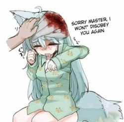 Rule 34 | 1girl, animal ears, artist request, bandages, blood, character request, clothes, crying, crying with eyes closed, blue hair, fox ears, fox girl, fox tail, guro, headpat, male hand, mutilation, nightwear, no skirt, ryona, simple background, slave, slavery, suture, tail, thighs, torture, white background, wounds