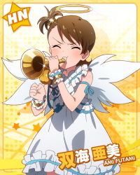 Rule 34 | &gt; &lt;, 10s, angel wings, brown hair, bugle, character name, dress, closed eyes, futami ami, horns, idolmaster, idolmaster (classic), idolmaster million live!, instrument, official art, short hair, side ponytail, single horn, solo, wings