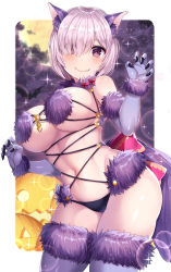 Rule 34 | 1girl, animal ears, blush, breasts, claw pose, elbow gloves, eyes visible through hair, fate/grand order, fate (series), fur-trimmed gloves, fur-trimmed legwear, fur collar, fur trim, gloves, hair over one eye, halloween costume, highres, large breasts, looking at viewer, mash kyrielight, mash kyrielight (dangerous beast), nano (syoutamho), navel, o-ring, o-ring top, official alternate costume, purple eyes, purple gloves, purple hair, purple legwear, revealing clothes, short hair, smile, solo, tail, wolf ears, wolf tail