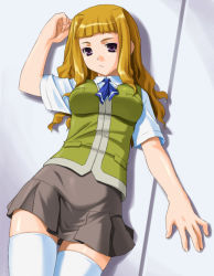 Rule 34 | 00s, 1girl, against wall, arm up, blonde hair, blue neckerchief, blunt bangs, breasts, clenched hand, closed mouth, collared shirt, cowboy shot, expressionless, eyeshadow, frown, green vest, grey skirt, hand up, indoors, legs together, long hair, looking at viewer, makeup, medium breasts, miniskirt, my-hime, neckerchief, pleated skirt, pocket, purple eyes, school uniform, serafuku, shadow, shirt, short sleeves, sidelocks, skirt, solo, standing, suzushiro haruka, thighhighs, umekichi, vest, wavy hair, white shirt, white thighhighs, zettai ryouiki