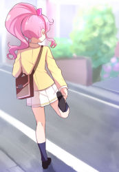 Rule 34 | 1girl, absurdres, adjusting clothes, adjusting shoe, bag, blazer, blurry, blurry background, briefcase, bush, commentary request, day, from behind, full body, high ponytail, highres, jacket, kiratto pri chan, leg up, loafers, long hair, momoyama mirai, outdoors, pink hair, pleated skirt, pretty series, road, school bag, school briefcase, school uniform, shoes, shoulder bag, sidelocks, skirt, socks, solo, street, toon (noin)