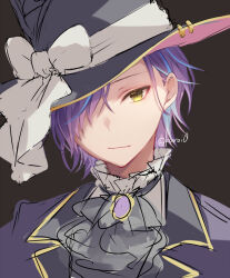 Rule 34 | 1boy, ascot, black background, black hat, blue hair, bow, brooch, grey ascot, grey hat, hair over one eye, hat, hat bow, highres, jacket, jewelry, kamishiro rui, kuroi (liar-player), male focus, multicolored hair, project sekai, purple hair, purple jacket, shirt, simple background, sketch, solo, streaked hair, tilted headwear, top hat, twitter username, upper body, white bow, white shirt, yellow eyes