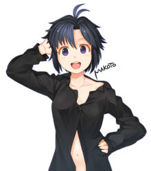 Rule 34 | 1girl, :d, black hair, character name, hand on own head, hand on own hip, hip focus, idolmaster, idolmaster (classic), kikuchi makoto, navel, open mouth, purple eyes, ran system, shirt, simple background, smile, solo, white background