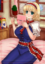 Rule 34 | 1girl, alice margatroid, bed, blonde hair, blue eyes, breasts, capelet, doll, dress, hairband, handheld game console, highres, large breasts, n (dai n honpo), nintendo ds, recording, ribbon, sash, shanghai doll, short hair, sitting, smile, touhou, window