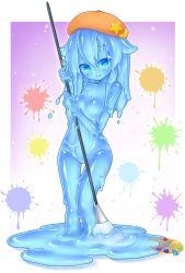 Rule 34 | 1girl, beret, blue eyes, blue hair, blue skin, breasts, colored skin, curss, embarrassed, hat, highres, looking at viewer, medium hair, monster girl, no nipples, nude, open mouth, paint, paint splatter, paintbrush, slime girl, small breasts, solo