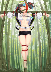 Rule 34 | 1girl, bamboo, bamboo forest, bare legs, barefoot, bdsm, bikini, black hair, black shorts, blue hair, blunt bangs, blush, bondage, bound, bound arms, bound legs, commentary request, crucifixion, fate/grand order, fate (series), forest, gagged, head tilt, highres, jacket, long sleeves, looking at viewer, multicolored hair, nature, navel, one eye closed, open clothes, open jacket, outdoors, red hair, rope, sei shounagon (fate), short hair, short shorts, shorts, sidelocks, solo, stomach, swimsuit, thighs, twintails, visor cap, white bikini, white jacket, yasume yukito, yellow eyes