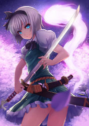 Rule 34 | 1girl, bad id, bad pixiv id, blue eyes, blurry, bob cut, censored, cherry blossoms, convenient censoring, depth of field, female focus, flower, ghost, glowing, glowing eyes, hairband, katana, konpaku youmu, konpaku youmu (ghost), looking at viewer, looking back, pen (steelleets), petals, purple theme, short hair, silver hair, smile, solo, sword, thighs, touhou, weapon