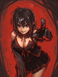 Rule 34 | 1girl, bent over, black hair, breasts, cleavage, gloves, grin, large breasts, leaning forward, original, red eyes, ribbon, sketch, skirt, smile, solo, yoshikawa hazure