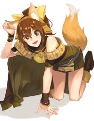 Rule 34 | 1girl, animal ears, armor, bow, breastplate, brown eyes, brown hair, cape, delthea (fire emblem), dress, fake animal ears, fake tail, fang, fire emblem, fire emblem echoes: shadows of valentia, fire emblem heroes, fox ears, fox tail, hair bow, ichikei, long hair, nintendo, open mouth, ponytail, short dress, simple background, solo, tail, white background, yomo (majidon)
