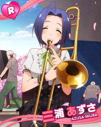 Rule 34 | 10s, 1girl, 2boys, ahoge, artist request, black thighhighs, blue hair, character name, cherry blossoms, closed eyes, earrings, idolmaster, idolmaster (classic), idolmaster million live!, instrument, jewelry, miura azusa, multiple boys, official art, thighhighs, trombone