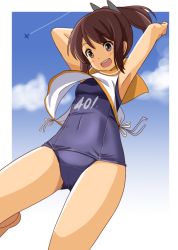Rule 34 | 10s, 1girl, aircraft, airplane, armpits, arms up, blue sky, brown eyes, brown hair, cloud, day, i-401 (kancolle), kantai collection, one-piece swimsuit, open mouth, ponytail, school swimsuit, school uniform, serafuku, shimouki izui, shirt, sky, smile, solo, swimsuit