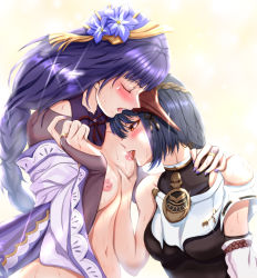 Rule 34 | 2girls, bare shoulders, black hair, blush, breasts, bridal gauntlets, closed eyes, commentary request, detached sleeves, flower, genshin impact, grabbing, grabbing another&#039;s breast, hair ornament, hand on another&#039;s shoulder, highres, japanese clothes, kujou sara, large breasts, licking, licking nipple, long hair, mask, mask on head, mole, mole under eye, multiple girls, nail polish, nipple stimulation, open mouth, purple flower, purple hair, purple nails, raiden shogun, ribbon, riteral, short hair, simple background, tassel, tengu mask, white background, yellow eyes, yuri