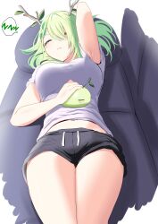 Rule 34 | antlers, black shorts, braid, branch, breasts, ceres fauna, couch, green hair, highres, hololive, hololive english, horns, large breasts, lying, midriff, mole, mole under eye, navel, on back, redi (rasec asdjh), shirt, shorts, single braid, sitting, sleeping, thighs, virtual youtuber, white shirt