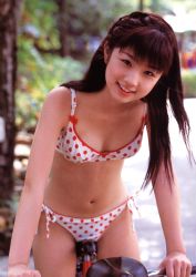 Rule 34 | 1girl, asian, bicycle, brown hair, happy, long hair, looking at viewer, ogura yuuko, outdoors, photo (medium), smile, solo, swimsuit