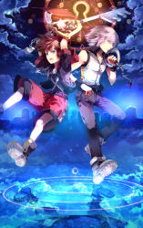 Rule 34 | 2boys, arms up, blouse, blue eyes, brown hair, cloud, fingerless gloves, gloves, highres, hood, hoodie, instrument, jewelry, keyblade, keyboard (instrument), keyhole, kingdom hearts, kingdom hearts 3d dream drop distance, male focus, multiple boys, necklace, open mouth, reflection, riku (kingdom hearts), shirt, short hair, shorts, silver hair, sky, sleeveless, sleeveless shirt, sora (kingdom hearts), sunakumo, water drop, wristband